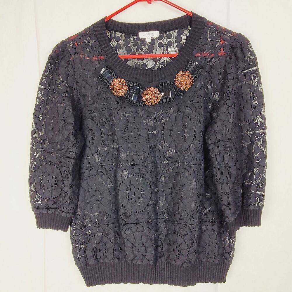 Vintage Weston black sheer lace beaded top Size large Retro Whimsygoth Romantic